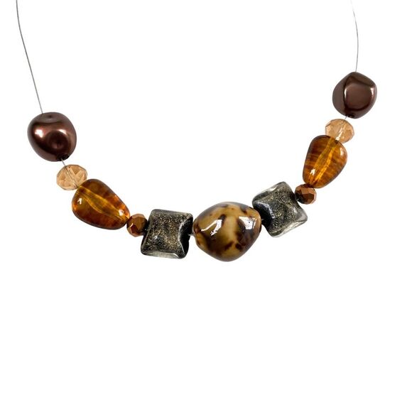 Handmade Silver Wire Single Clasp Brown Stone Beaded Necklace - Picture 2 of 4